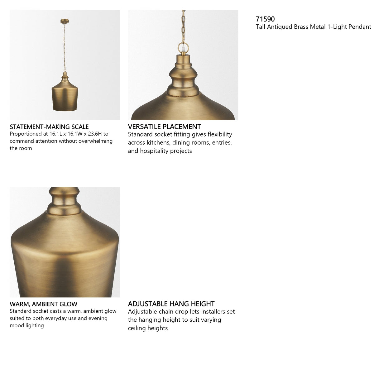 Keller Tall Antiqued Brass Metal 1-Light Pendant by Mercana at Eve Furniture