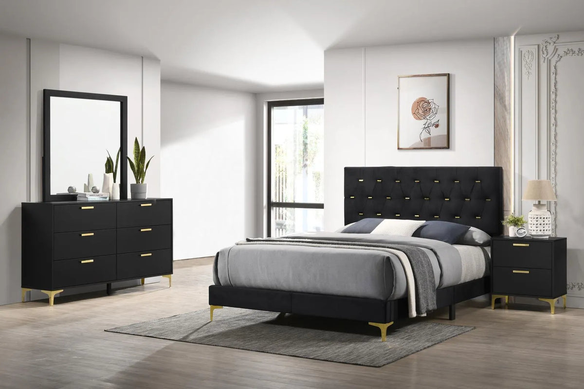 Kendall Black/Gold 4-Piece Tufted Panel Eastern King Bedroom Set by Coaster at Eve Furniture