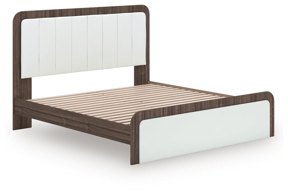Kendanport White/Brown King Upholstered Bed, Dresser and Nightstand