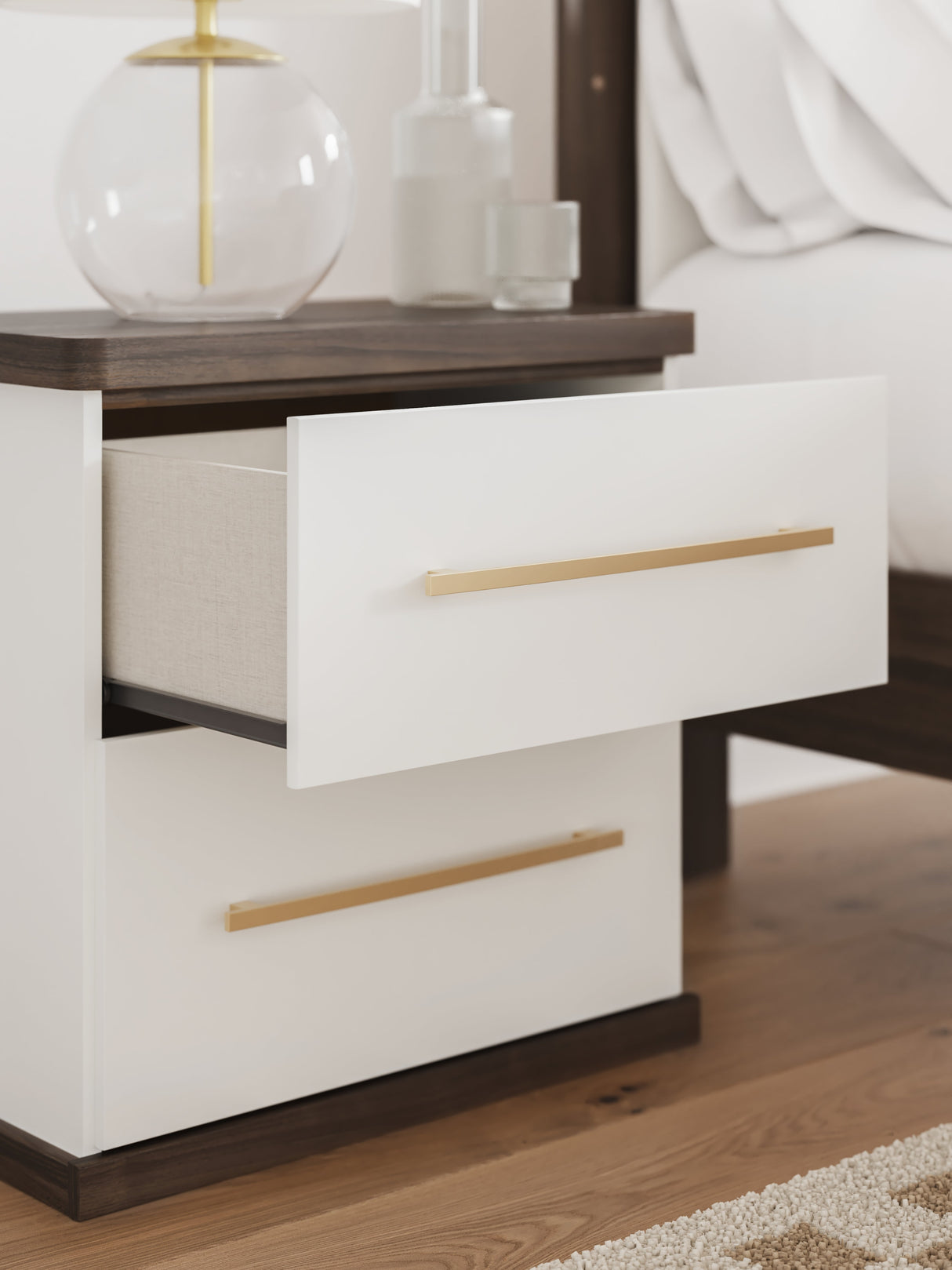 Kendanport White/Brown King Upholstered Bed, Dresser and Nightstand