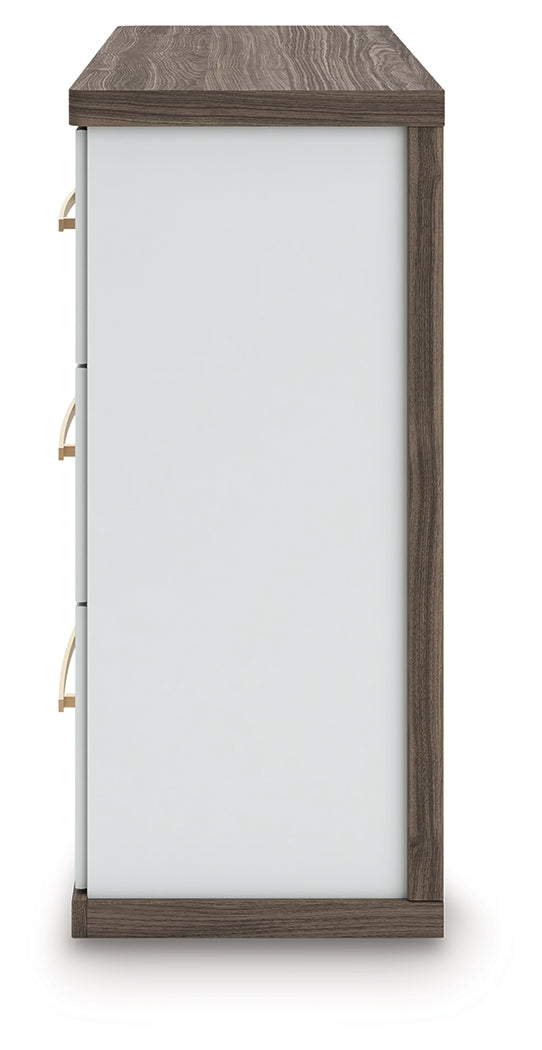 Kendanport White/Brown King Upholstered Bed, Dresser and Nightstand