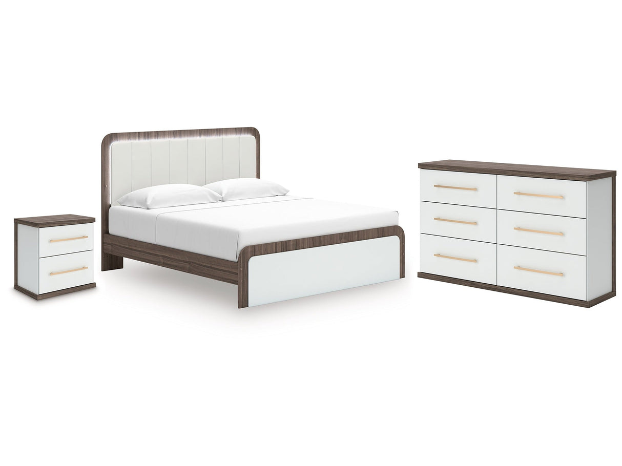 Kendanport White/Brown King Upholstered Bed, Dresser and Nightstand