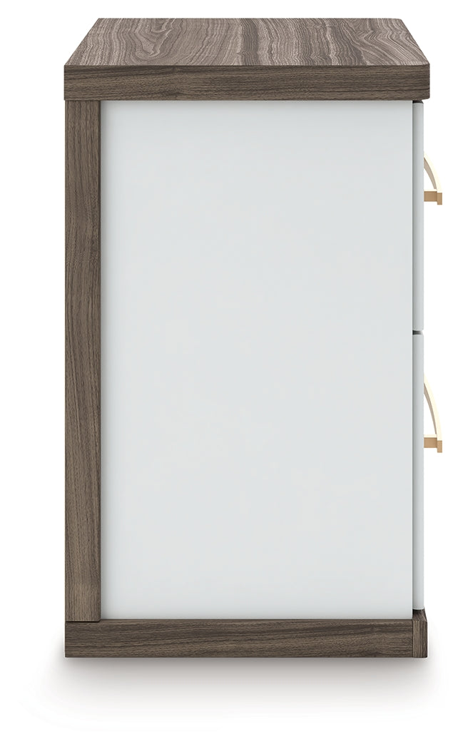 Kendanport White/Brown Queen Upholstered Bed, Dresser and Nightstand