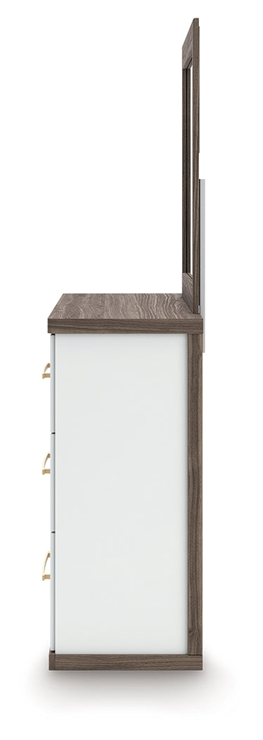 Kendanport White/Brown Queen Upholstered Bed, Dresser, Mirror and Nightstand by Ashley at Eve Furniture
