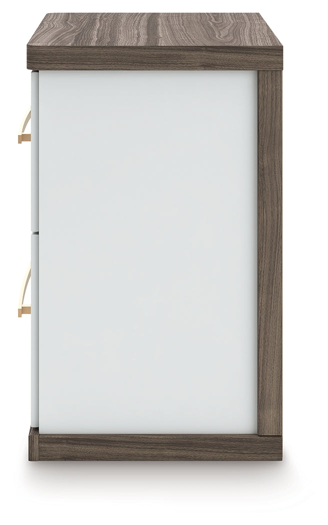 Kendanport White/Brown Queen Upholstered Bed, Dresser, Mirror and Nightstand