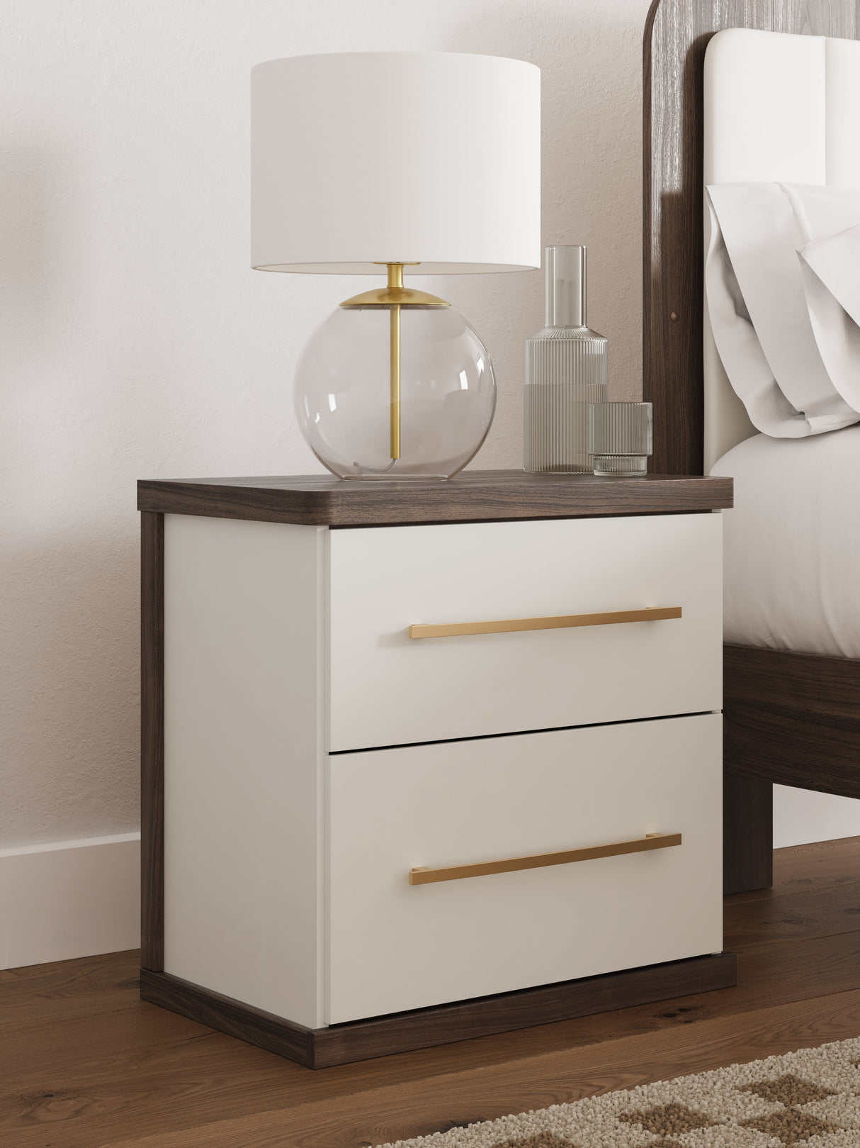 Kendanport White/Brown Queen Upholstered Bed, Dresser, Mirror and Nightstand