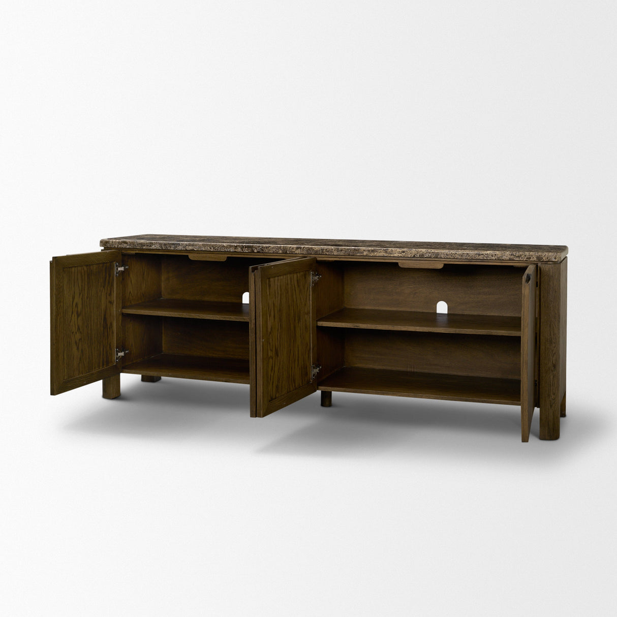 Kendrix Dark Brown Oak Wood Cappuccino Marble 4 Door Closed Sideboard by Mercana at Eve Furniture