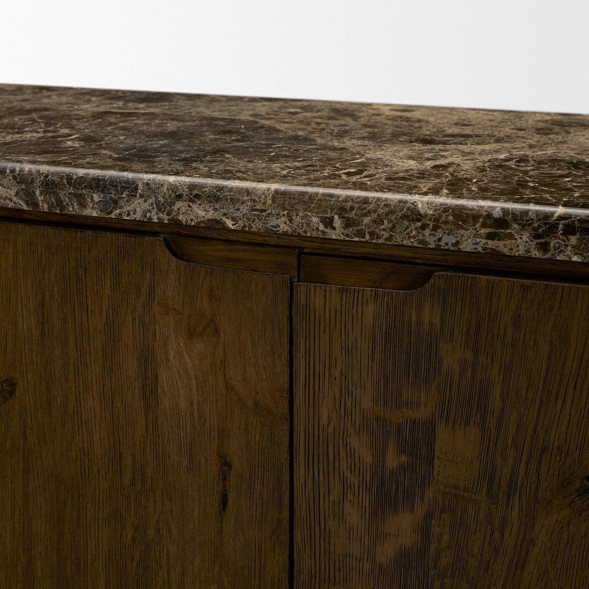 Kendrix Dark Brown Oak Wood Cappuccino Marble 4 Door Closed Sideboard by Mercana at Eve Furniture