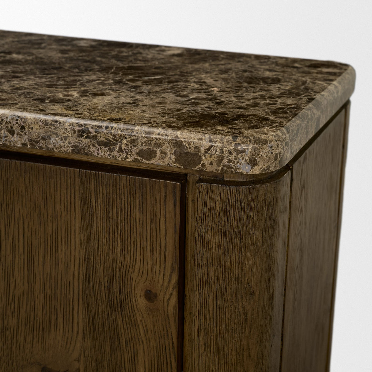 Kendrix Dark Brown Oak Wood Cappuccino Marble 4 Door Closed Sideboard by Mercana at Eve Furniture