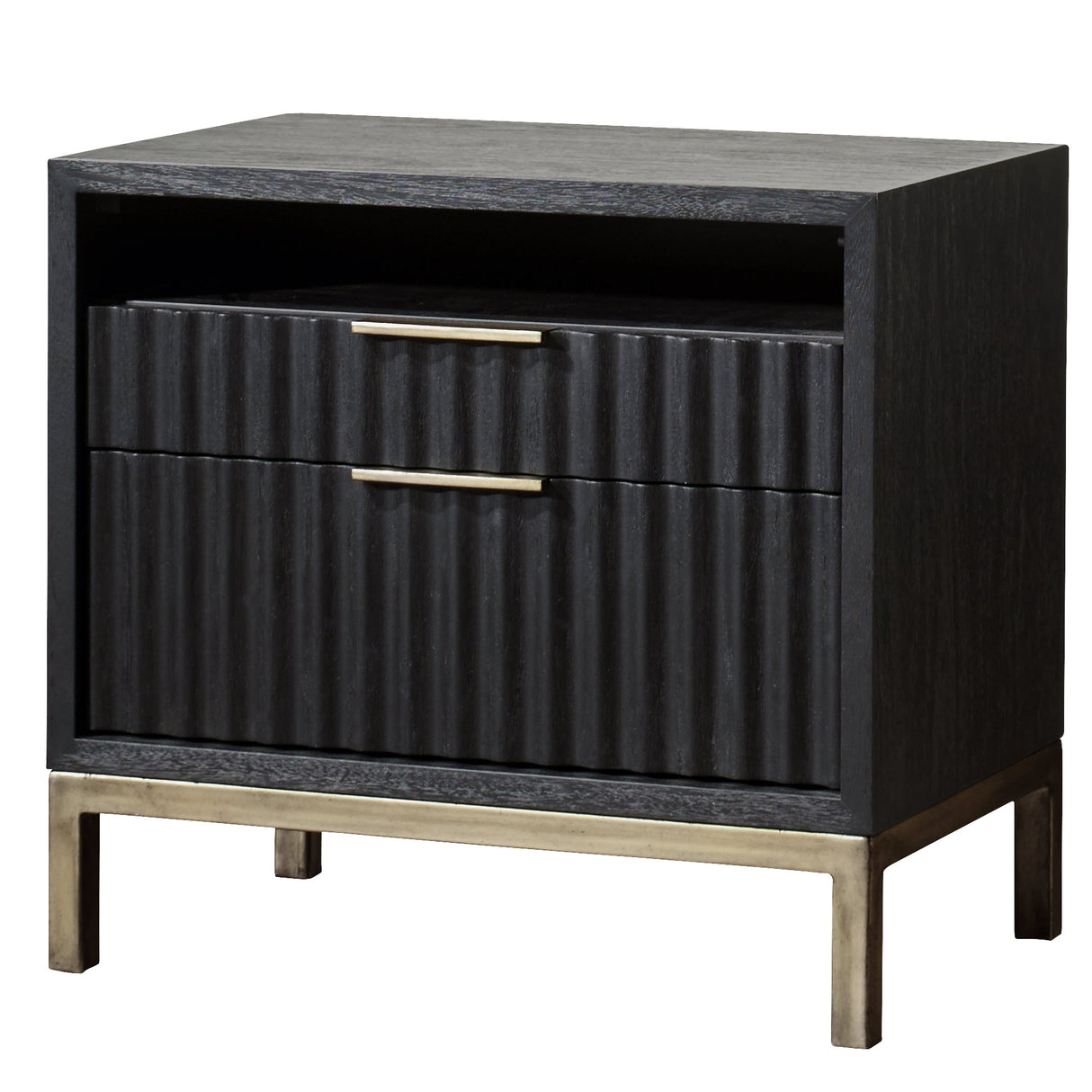 Kentfield Black Drifted Oak Solid Wood Two Drawer Nightstand by Modus Furniture at Eve Furniture