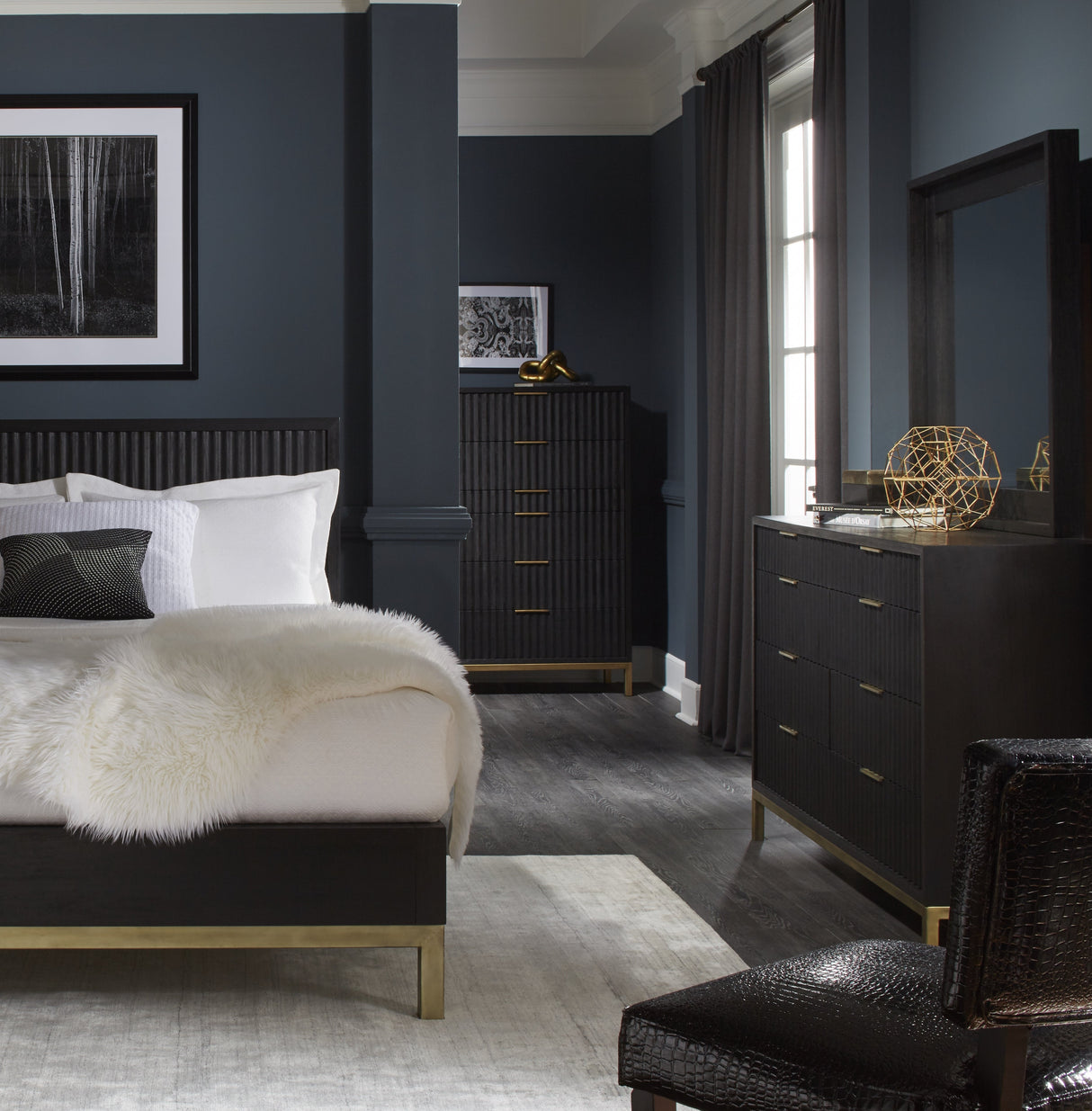 Kentfield Solid Wood Beveled Glass Mirror in Black Drifted Oak by Modus Furniture at Eve Furniture