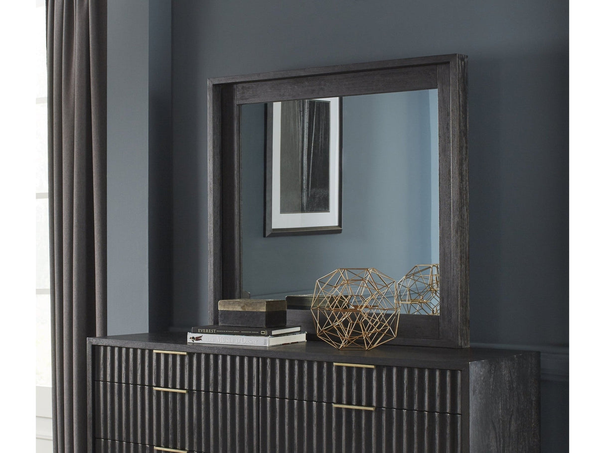 Kentfield Solid Wood Beveled Glass Mirror in Black Drifted Oak by Modus Furniture at Eve Furniture