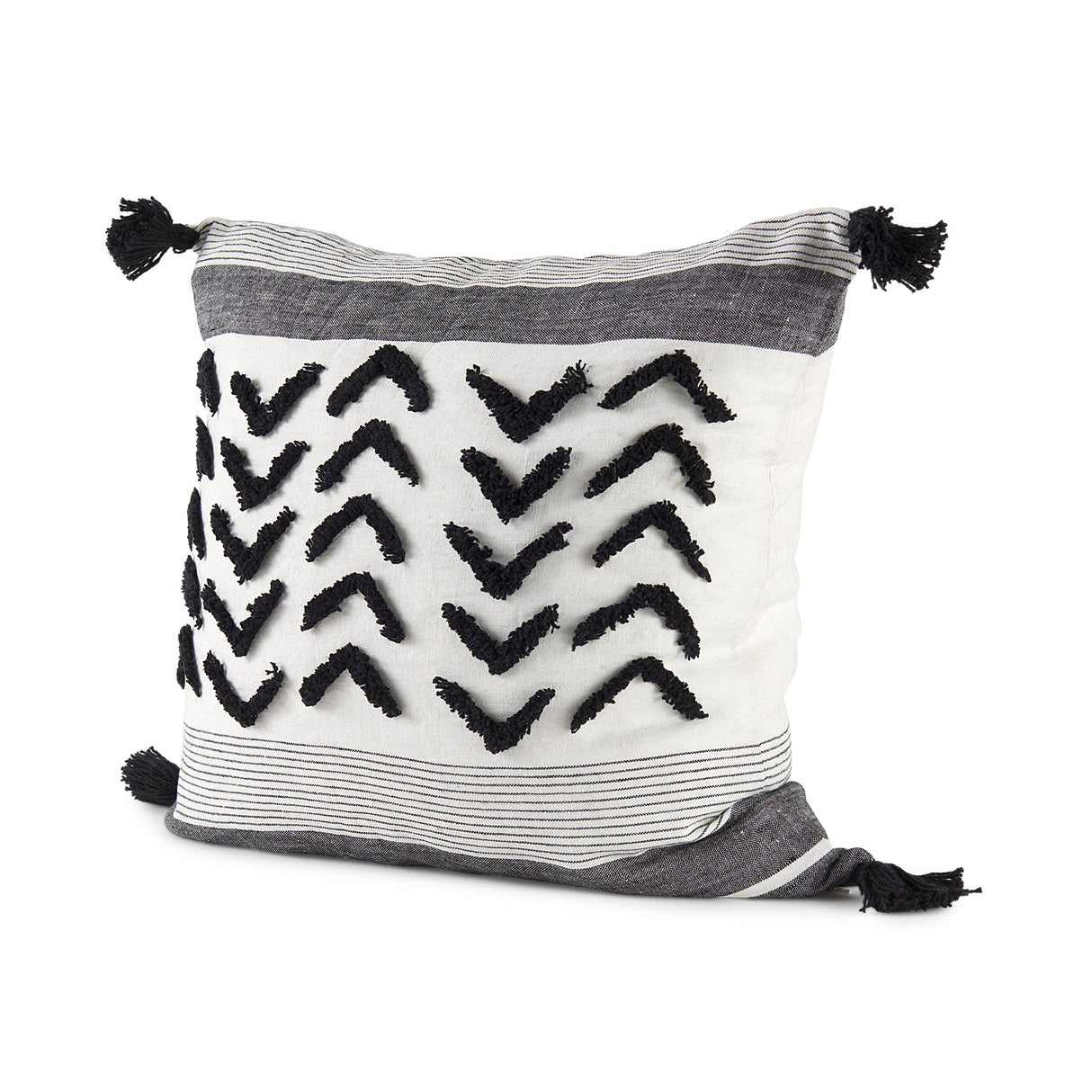 Kimia White and Black Fabric Herringbone and Fringed Decorative Pillow Cover by Mercana at Eve Furniture