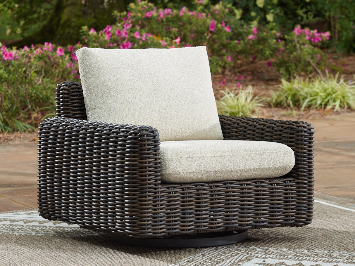 Kimora Beige/Dark Brown Outdoor Swivel Lounge Chair by Ashley at Eve Furniture