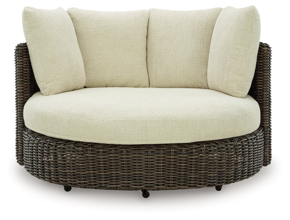 Kimora Beige/Dark Brown Outdoor Swivel Lounge Chair with Cushion by Ashley at Eve Furniture
