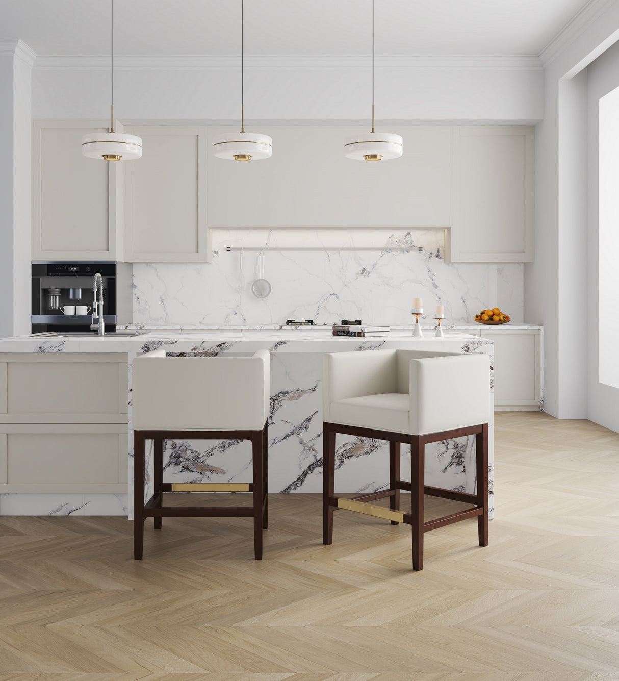 Kingsley Counter Stool in Ivory and Dark Walnut (set of 3) by Manhattan Comfort at Eve Furniture
