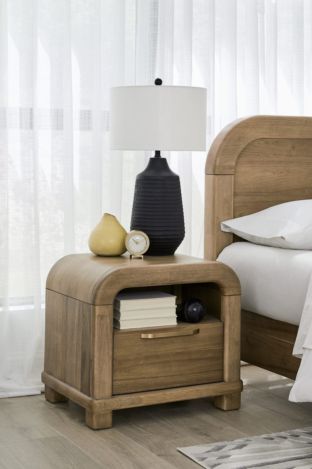 Kione Lioness One Drawer Acacia Wood Nightstand by Modus Furniture at Eve Furniture