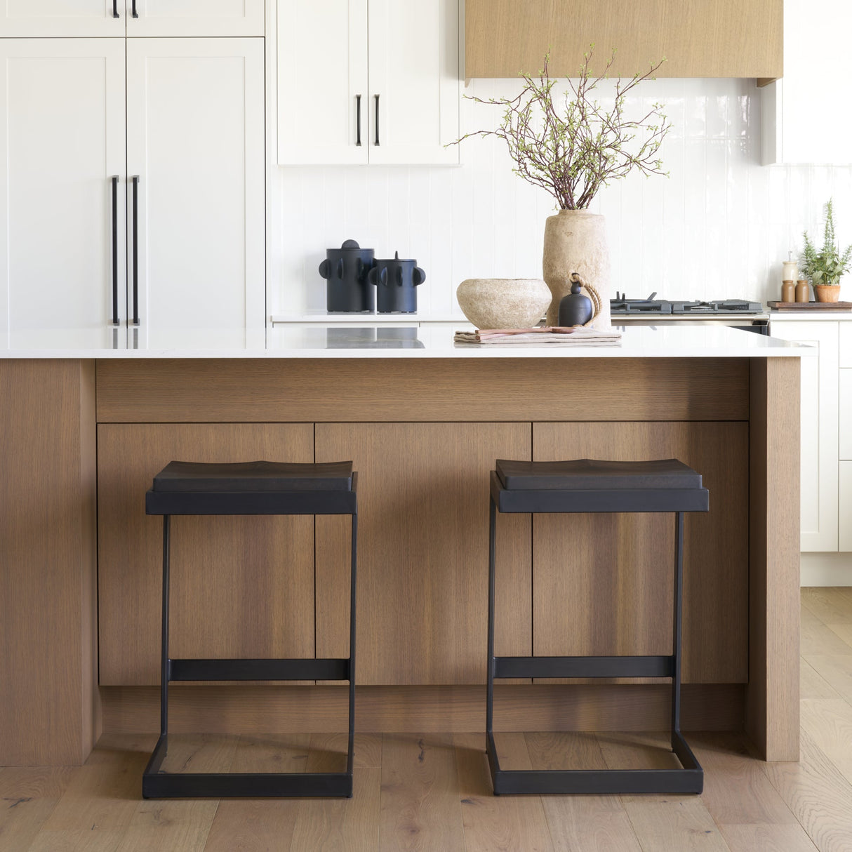 Kiran 17L x 17W x 26H Black Wood W/ Black Metal Base C-Shape Counter Stool by Mercana at Eve Furniture