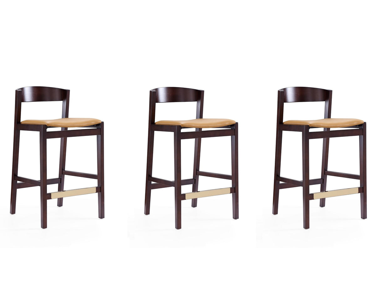 Klismos Counter Stool in Camel and Dark Walnut (set of 3) by Manhattan Comfort at Eve Furniture
