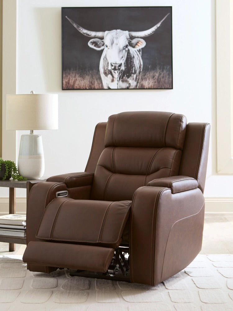 Knightington Brown Power Reclining Sofa & Loveseat w/Audio Seating by Ashley at Eve Furniture