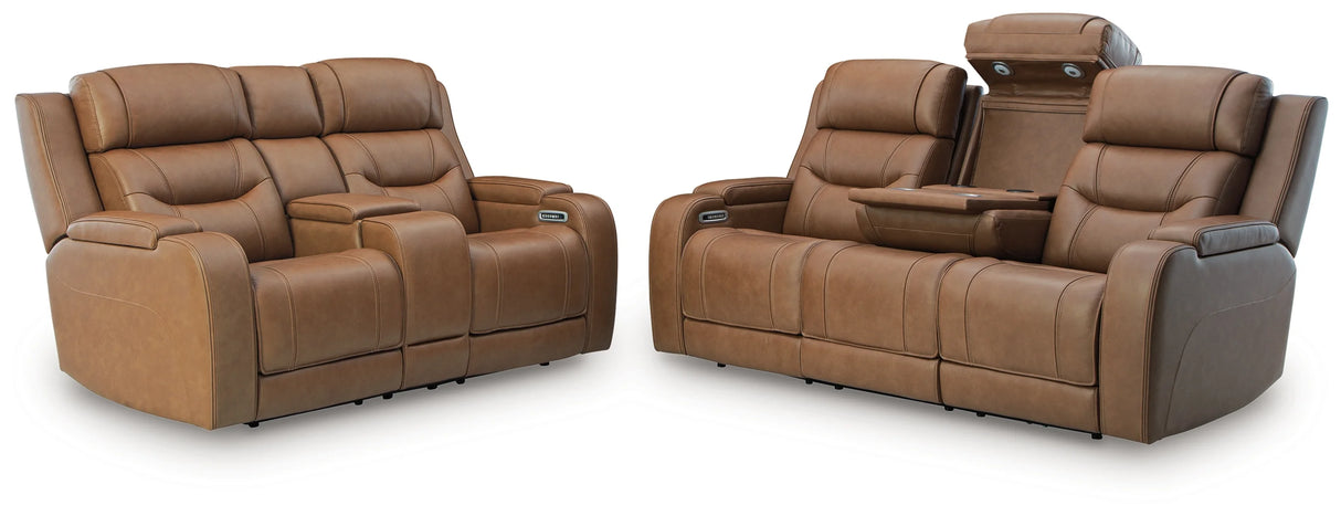 Knightington Caramel Leather Power Reclining Sofa & Loveseat w/Audio Seating by Ashley at Eve Furniture