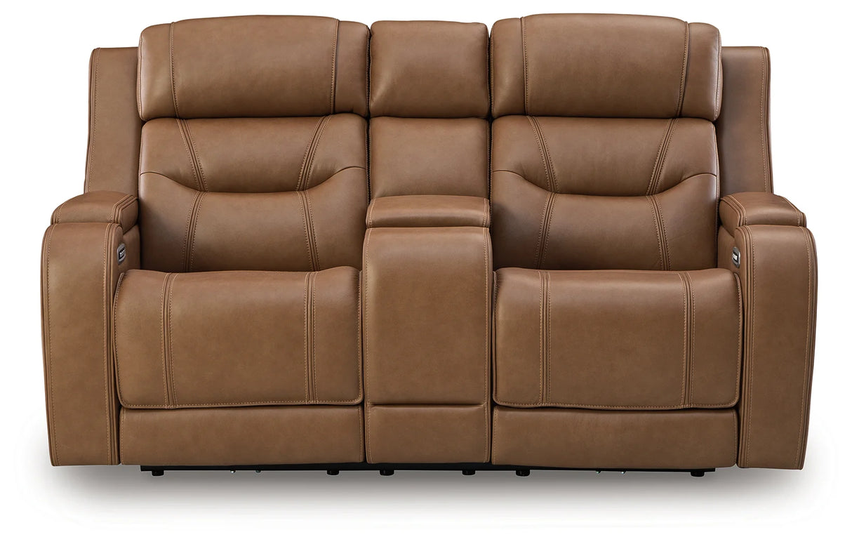 Knightington Caramel Power Reclining Loveseat w/Audio Seating by Ashley at Eve Furniture