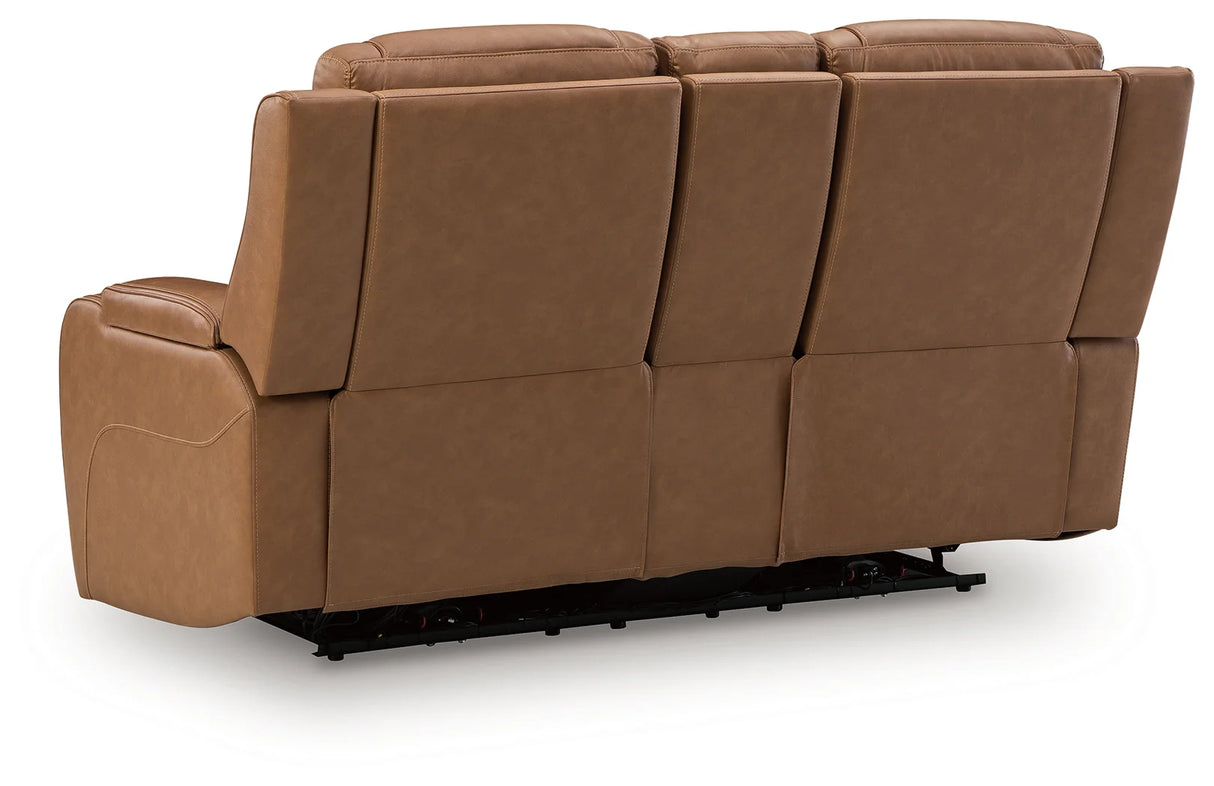Knightington Caramel Power Reclining Loveseat w/Audio Seating by Ashley at Eve Furniture