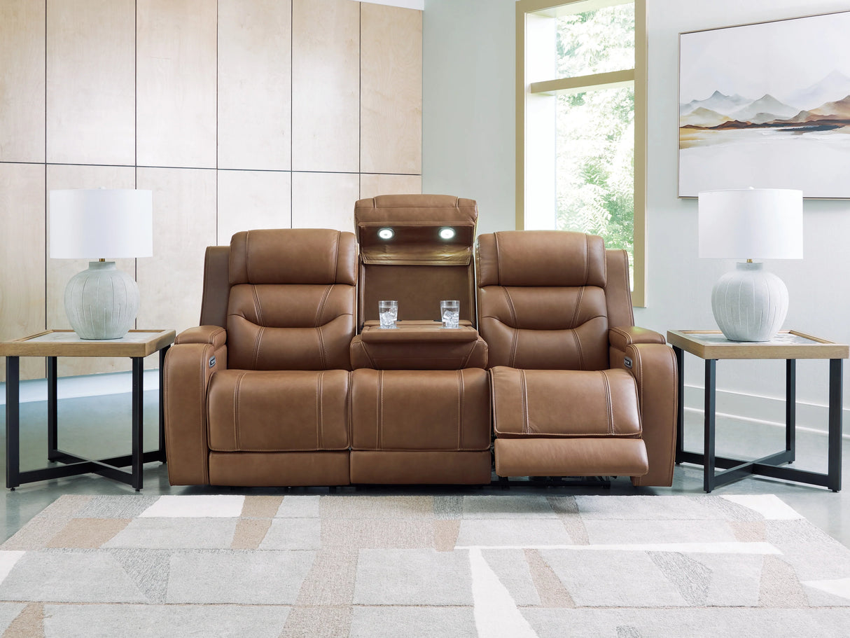 Knightington Caramel Power Reclining Sofa w/Audio Seating by Ashley at Eve Furniture