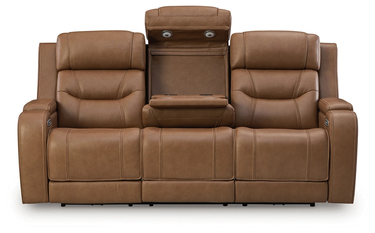 Knightington Caramel Power Reclining Sofa w/Audio Seating by Ashley at Eve Furniture