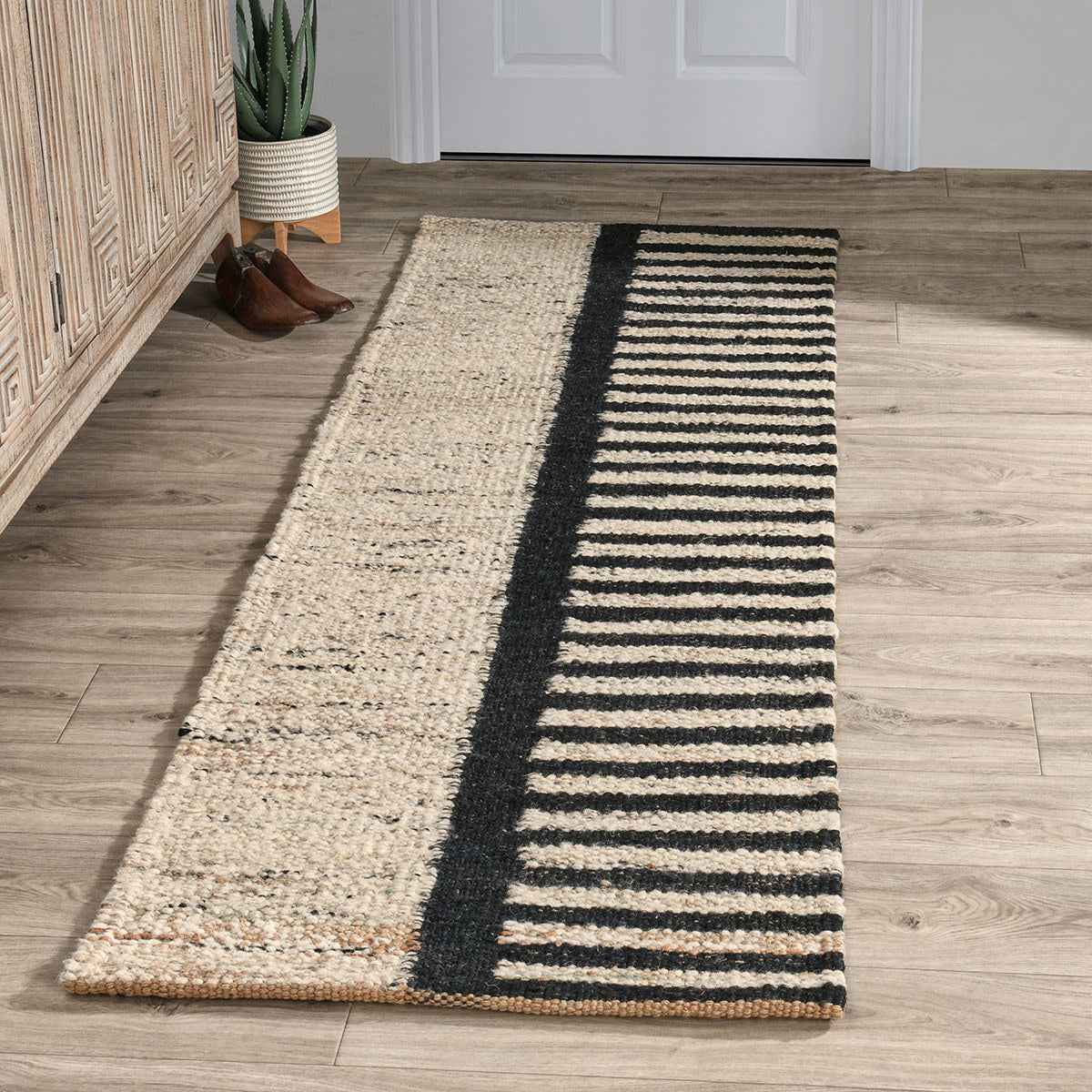 Kofu Stripe Natural/Black Rug by Classic Home at Eve Furniture