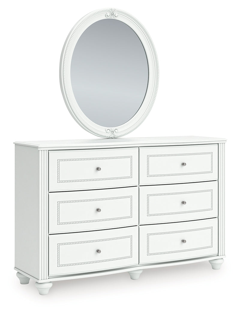 Kozlani White Twin Upholstered Panel Bed, Dresser and Mirror by Ashley at Eve Furniture