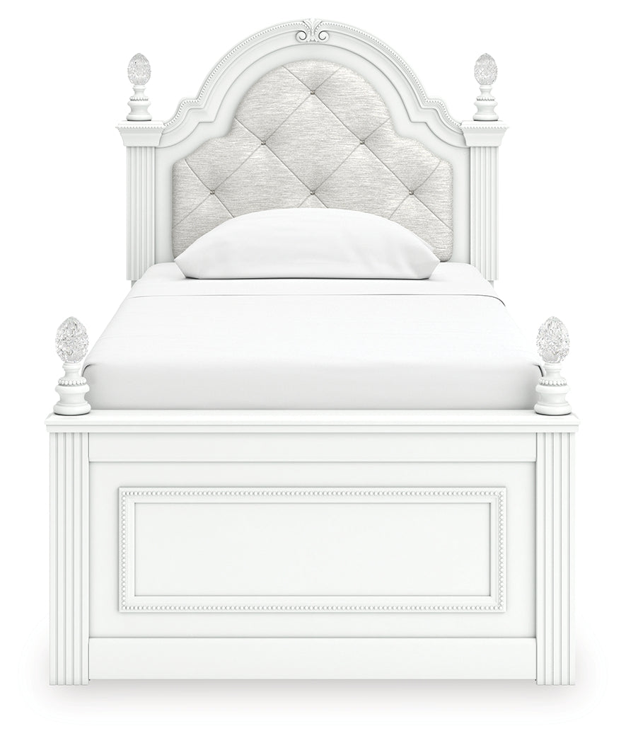 Kozlani White Twin Upholstered Panel Bed, Dresser and Mirror by Ashley at Eve Furniture