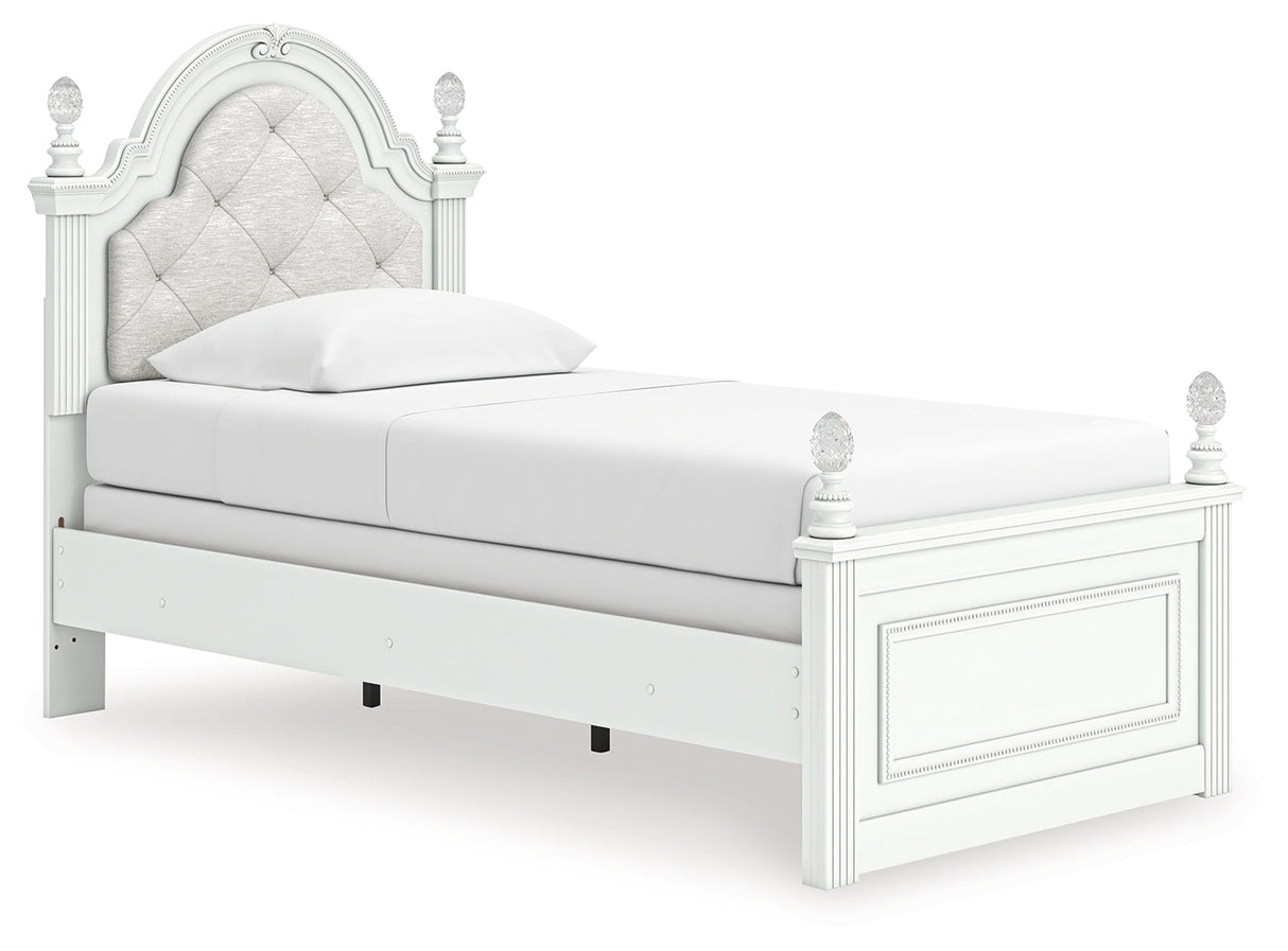 Kozlani White Twin Upholstered Panel Bed, Dresser and Mirror by Ashley at Eve Furniture