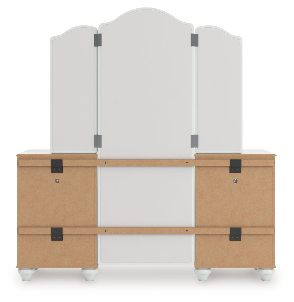 Kozlani White Vanity, Mirror and Stool by Ashley Furniture at Eve Furniture