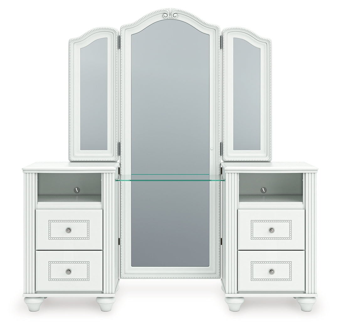 Kozlani White Vanity, Mirror and Stool by Ashley Furniture at Eve Furniture