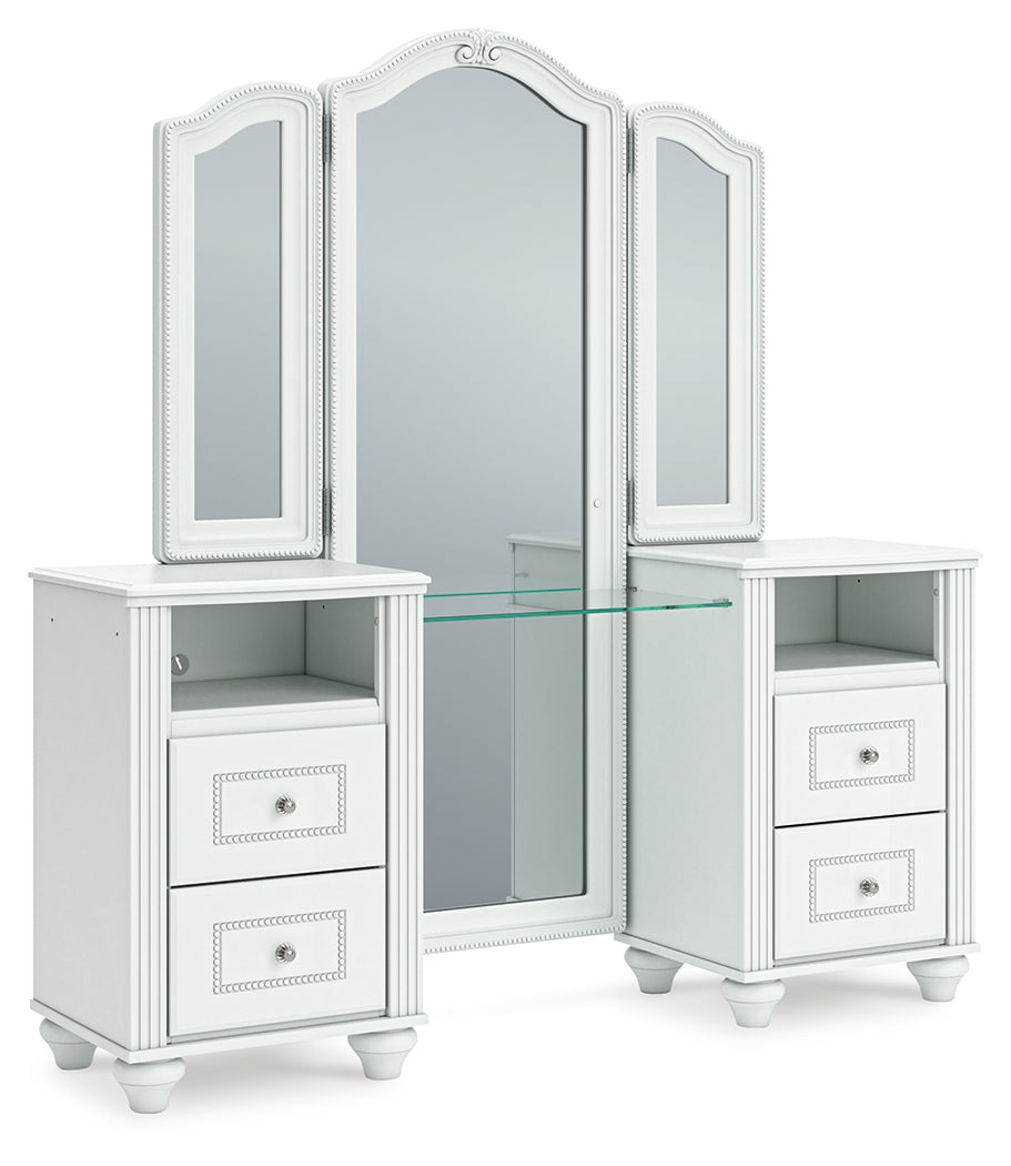 Kozlani White Vanity, Mirror and Stool by Ashley Furniture at Eve Furniture