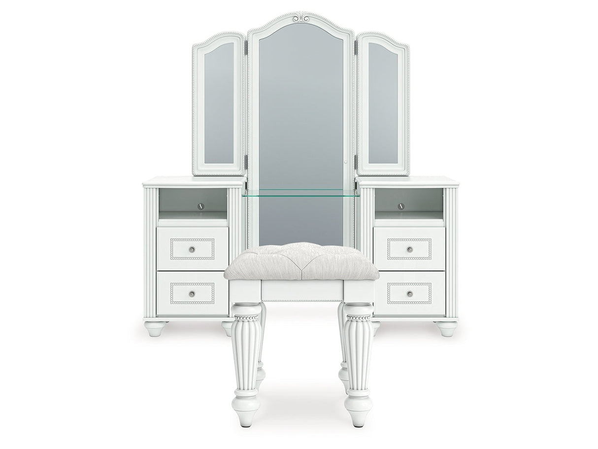 Kozlani White Vanity, Mirror and Stool by Ashley Furniture at Eve Furniture