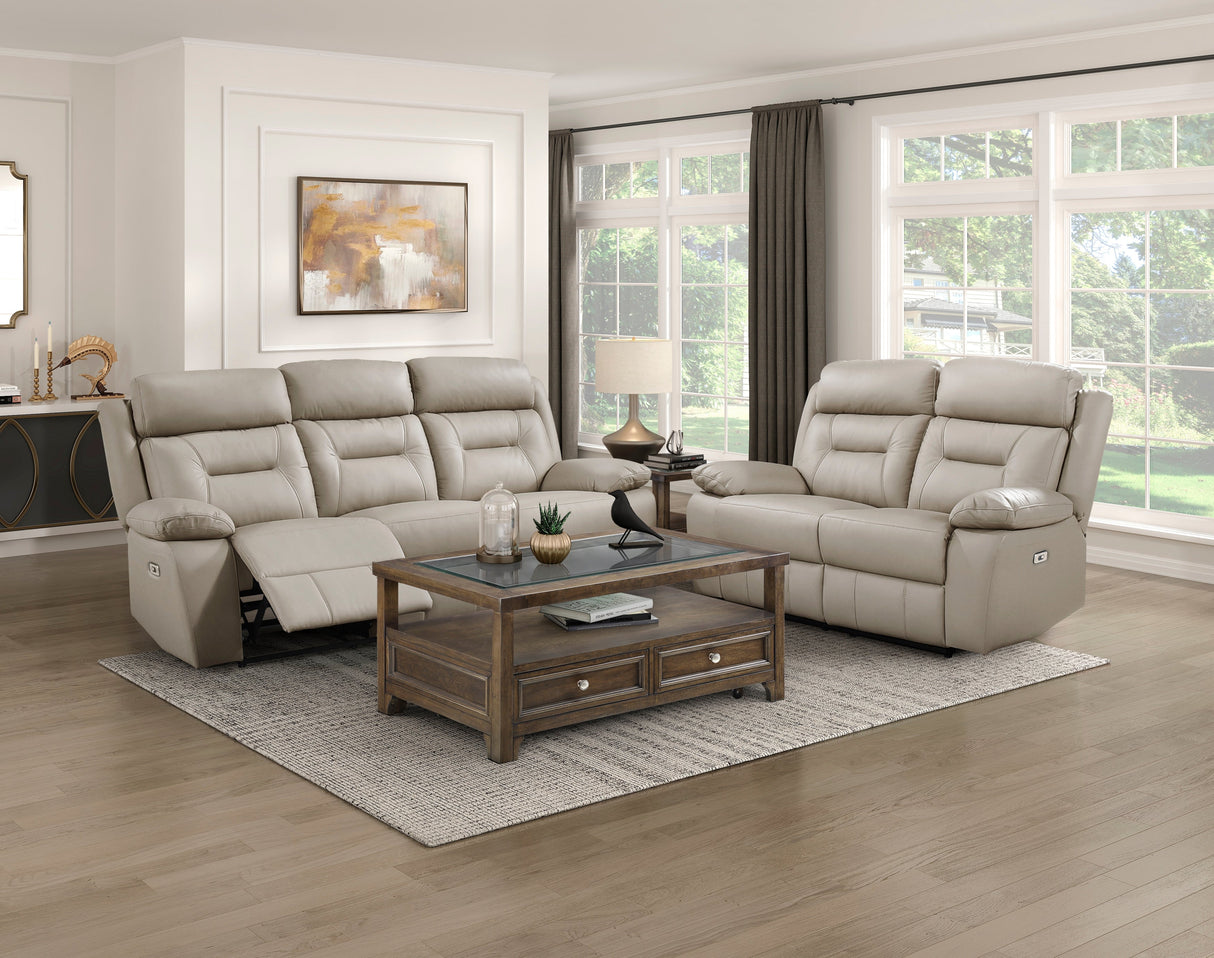 Laconia Latte Leather Power Double Reclining Sofa by Homelegance at Eve Furniture