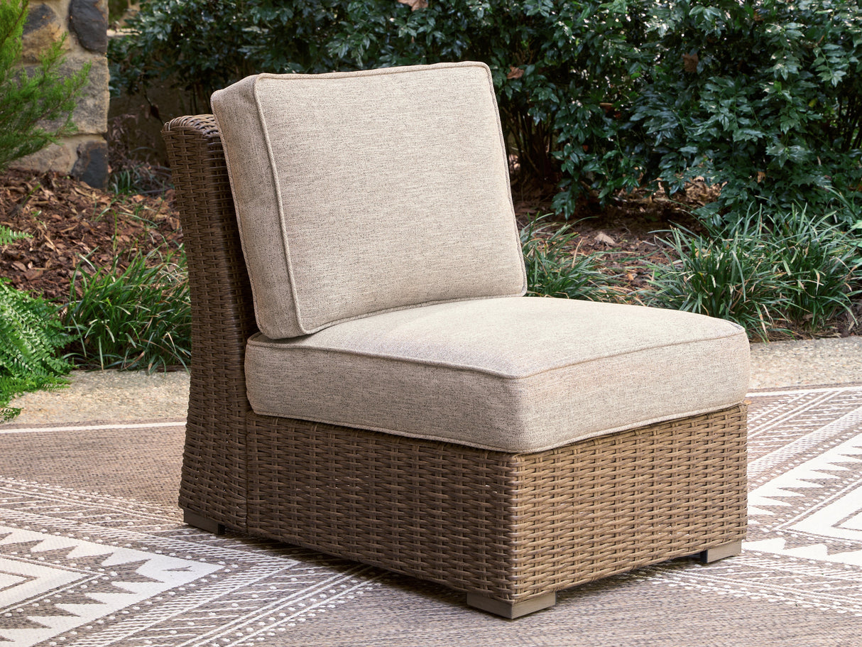 Laguna Heights Beige Outdoor Armless Chair with Cushion by ASHLEY FURNITURE at Eve Furniture