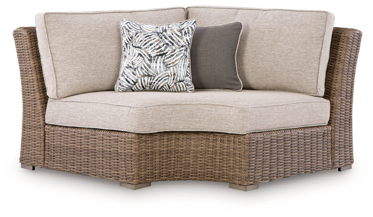 Laguna Heights Beige Outdoor Curved Corner Chair with Cushion by ASHLEY FURNITURE at Eve Furniture