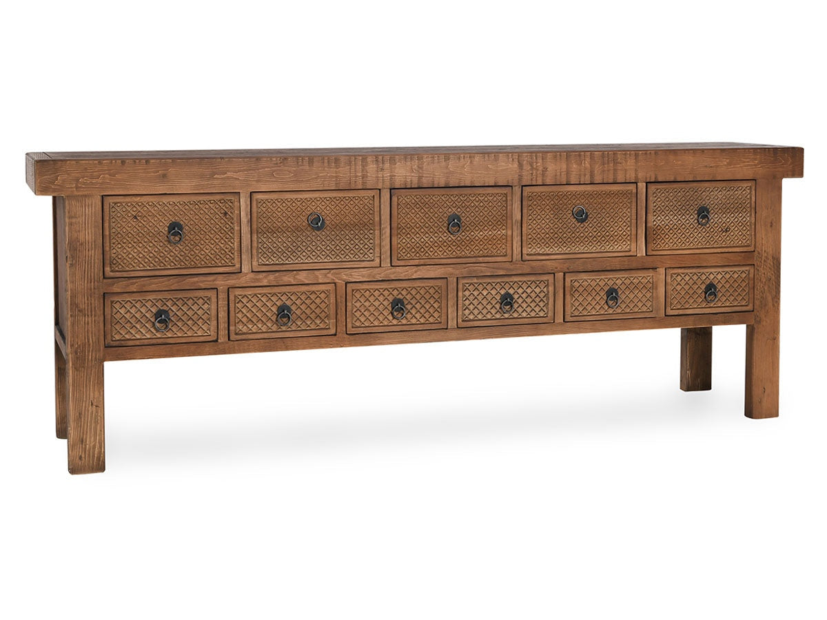 Lahey Mission Brown Solid Wood 11 Dwr Rectangle Console Table by Classic Home at Eve Furniture