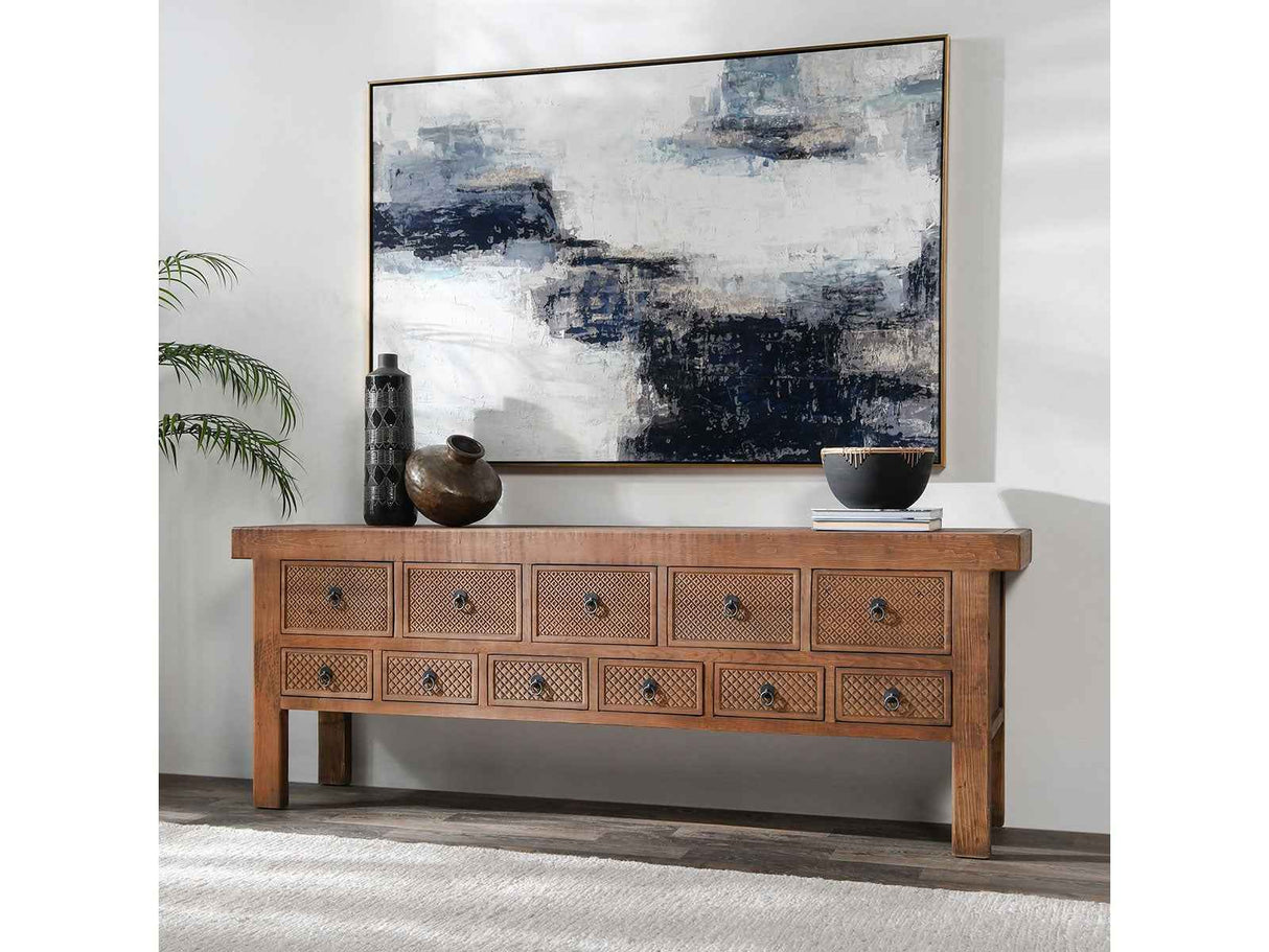 Lahey Mission Brown Solid Wood 11 Dwr Rectangle Console Table by Classic Home at Eve Furniture