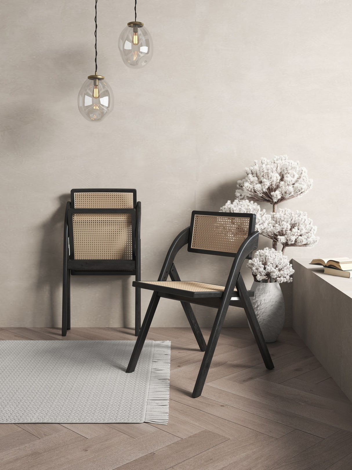 Lambinet Folding Dining Chair in Black and Natural Cane (set of 2) by Manhattan Comfort at Eve Furniture