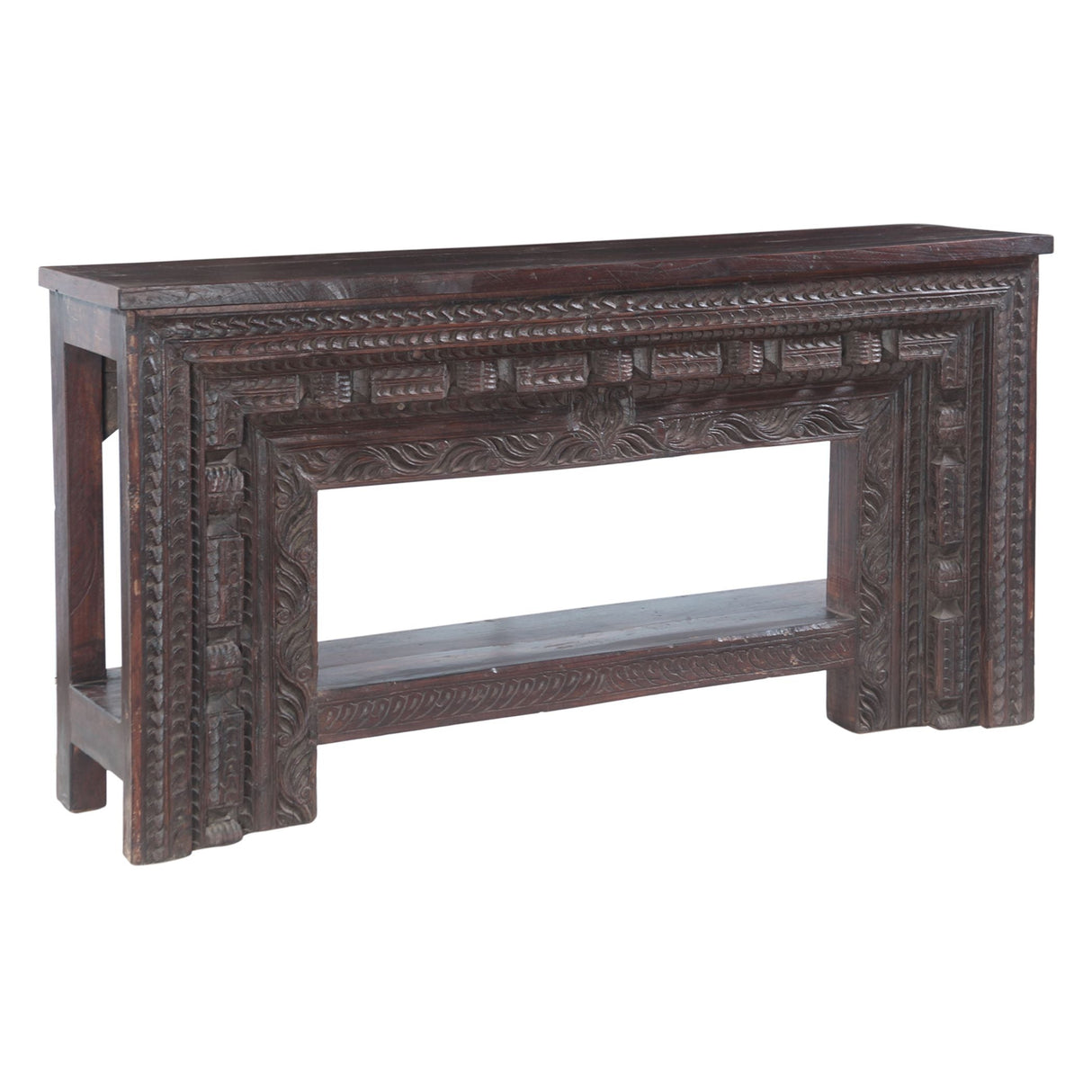 Large Finely Carved Wood Console Table with Bottom Shelf by Home Trends & Design at Eve Furniture