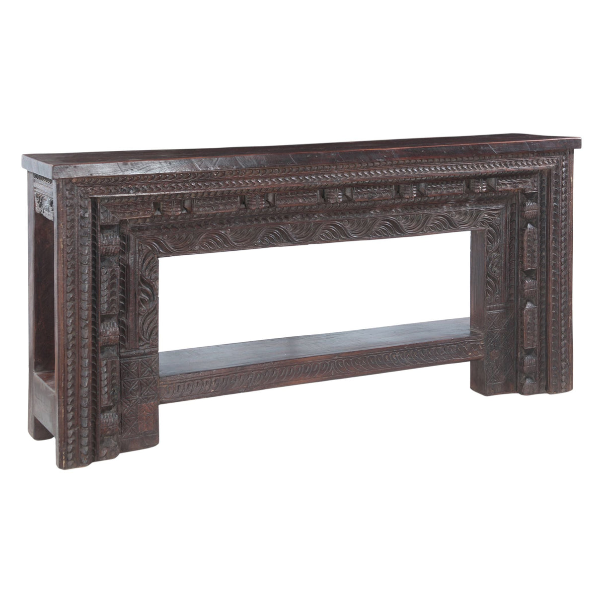 Large Finely Carved Wood Console Table with Bottom Shelf by Home Trends & Design at Eve Furniture