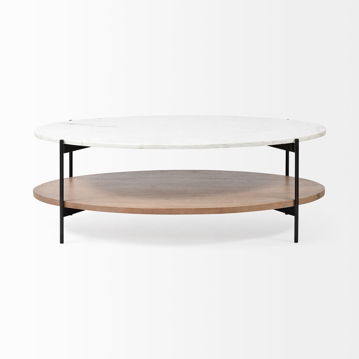 Larkin Oval White Marble Top and Solid Wood Shelf w/ Black Metal Frame Coffee Table by Mercana at Eve Furniture