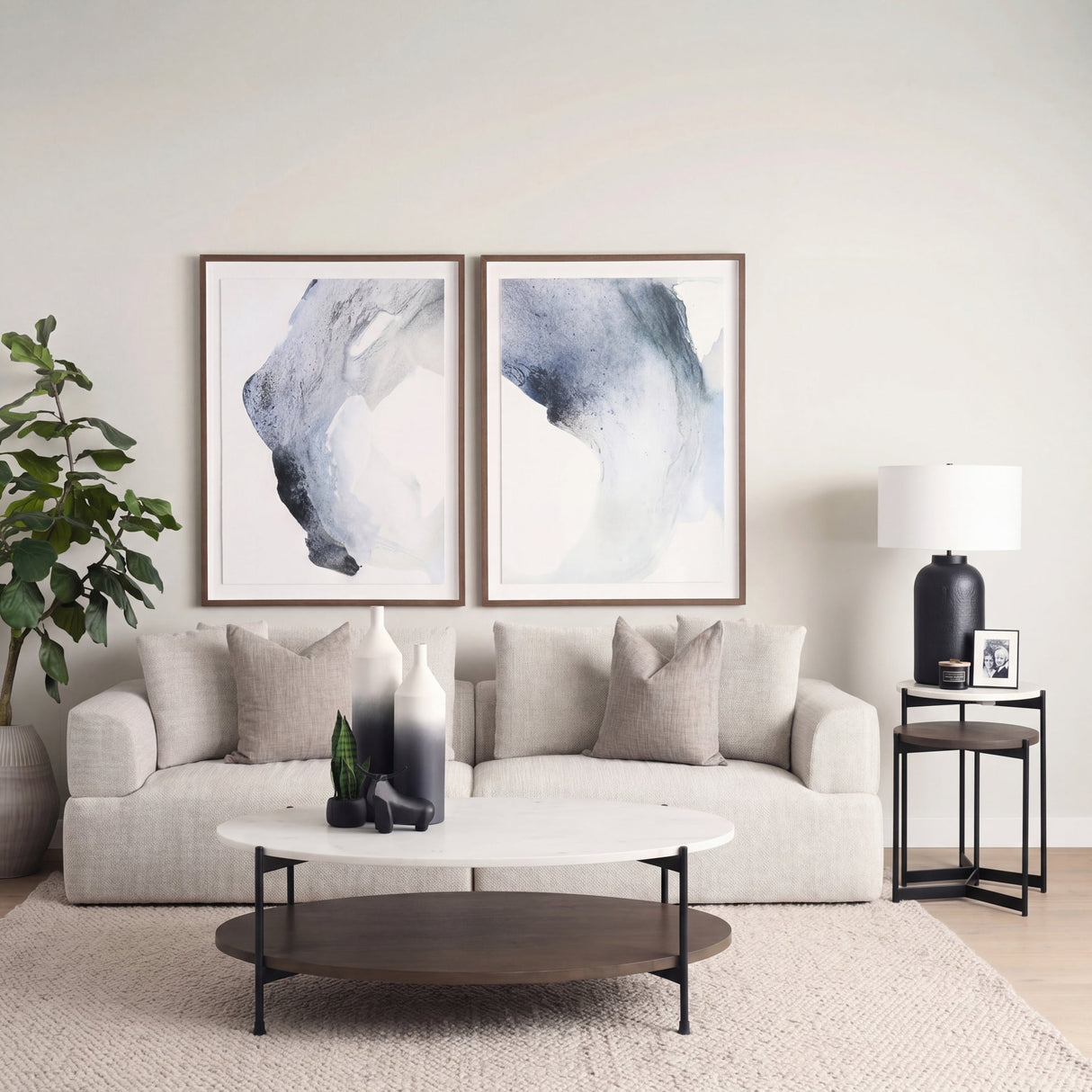 Larkin White Marble Top w/ Dark Brown Wood Shelf Oval Coffee Table by Mercana at Eve Furniture