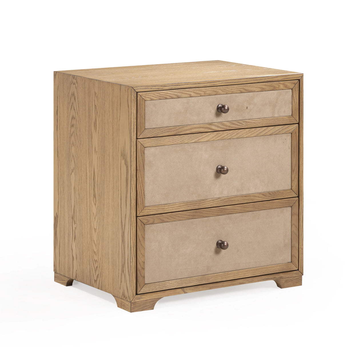 Laurentis 23.5" Light Taupe Suede and Wood 3-Drawer Nightstand by TOV Furniture at Eve Furniture