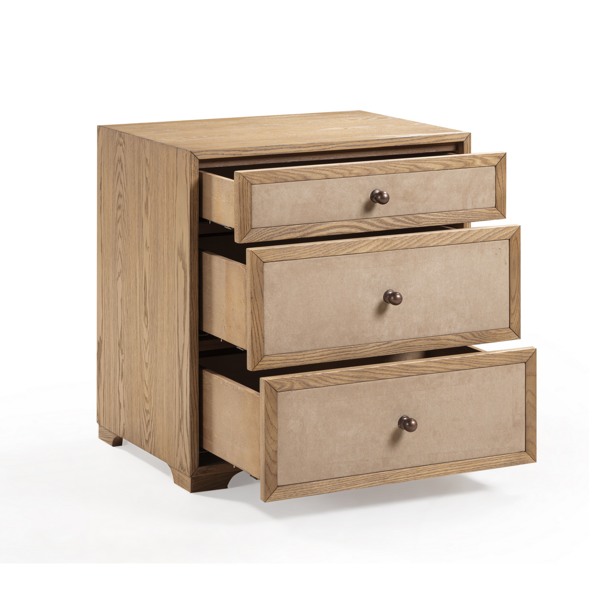 Laurentis 23.5" Light Taupe Suede and Wood 3-Drawer Nightstand by TOV Furniture at Eve Furniture