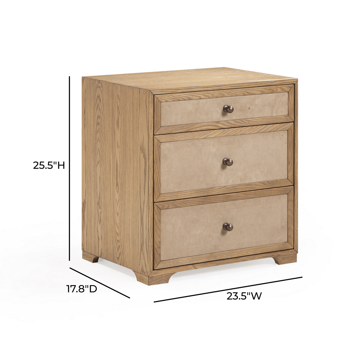 Laurentis 23.5" Light Taupe Suede and Wood 3-Drawer Nightstand by TOV Furniture at Eve Furniture